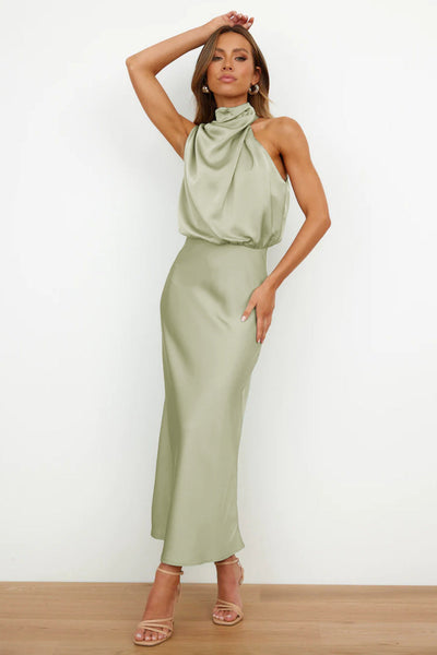 Karlina | Halter Neck Satin Long Dress