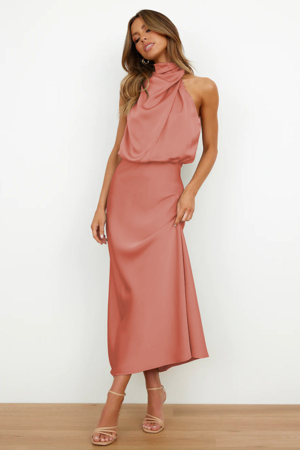 Karlina | Halter Neck Satin Long Dress