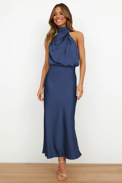 Karlina | Halter Neck Satin Long Dress