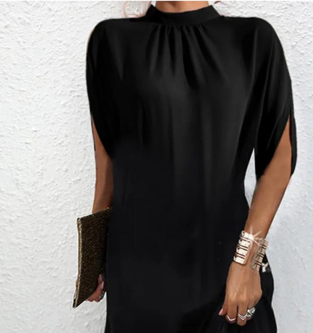 Norala | Modern Black Mock Neck Split Sleeve Midi Dress