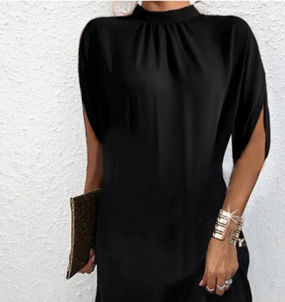 Norala | Modern Black Mock Neck Split Sleeve Midi Dress