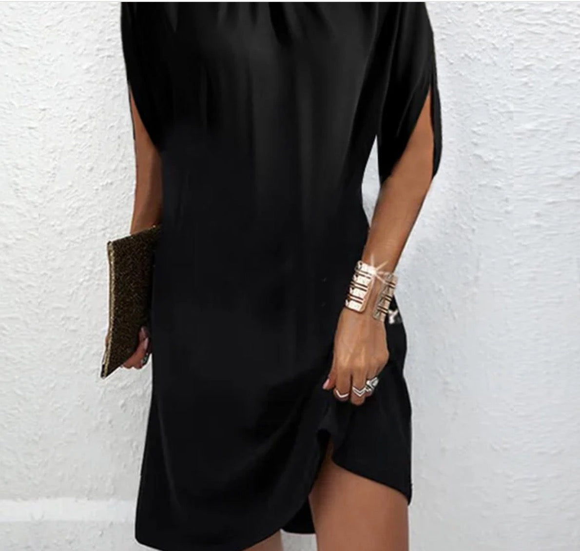 Norala | Modern Black Mock Neck Split Sleeve Midi Dress