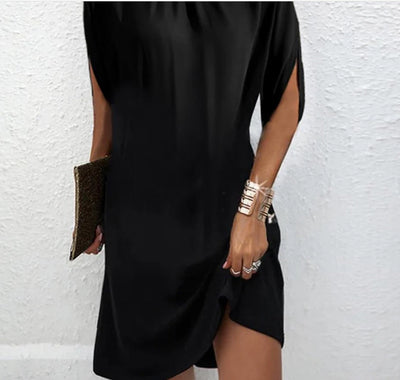 Norala | Modern Black Mock Neck Split Sleeve Midi Dress