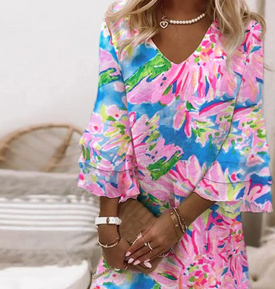 Sylvia - Women's Pink Mini Dress with Bell Sleeves