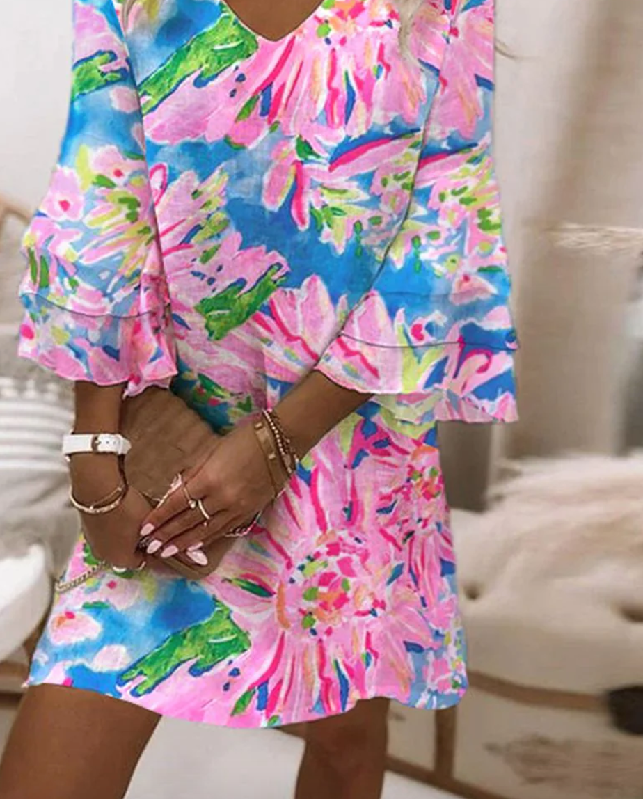 Sylvia - Women's Pink Mini Dress with Bell Sleeves
