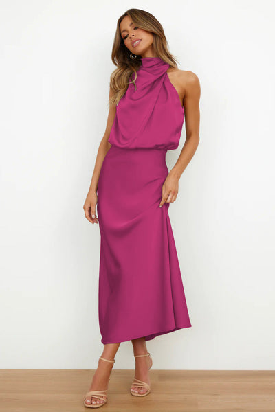 Karlina | Halter Neck Satin Long Dress