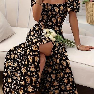 Carly - Artistic Floral Print Puff Sleeve Dress