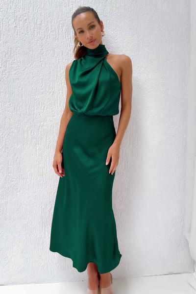 Karlina | Halter Neck Satin Long Dress