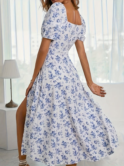 Carly - Artistic Floral Print Puff Sleeve Dress