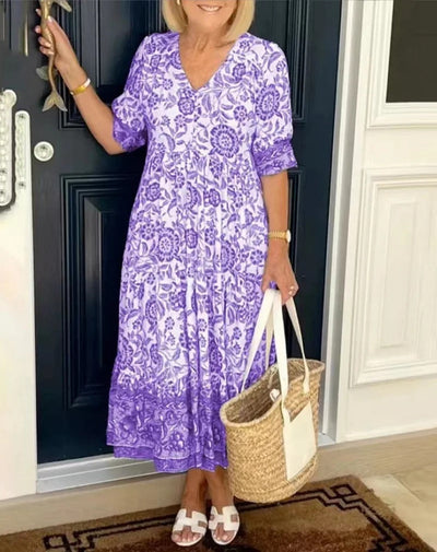 Lunar - Elegant Floral V-Neck Dress