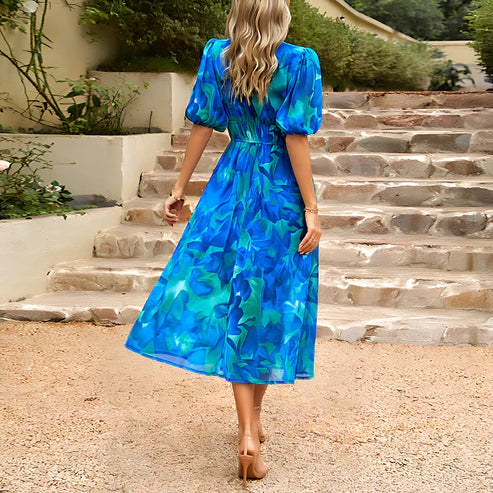 Evelyn - Vintage Glam Lantern Sleeve Midi Dress