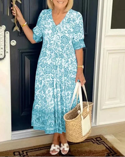 Lunar - Elegant Floral V-Neck Dress