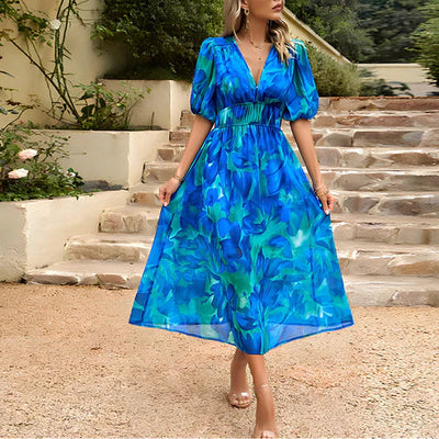 Evelyn - Vintage Glam Lantern Sleeve Midi Dress