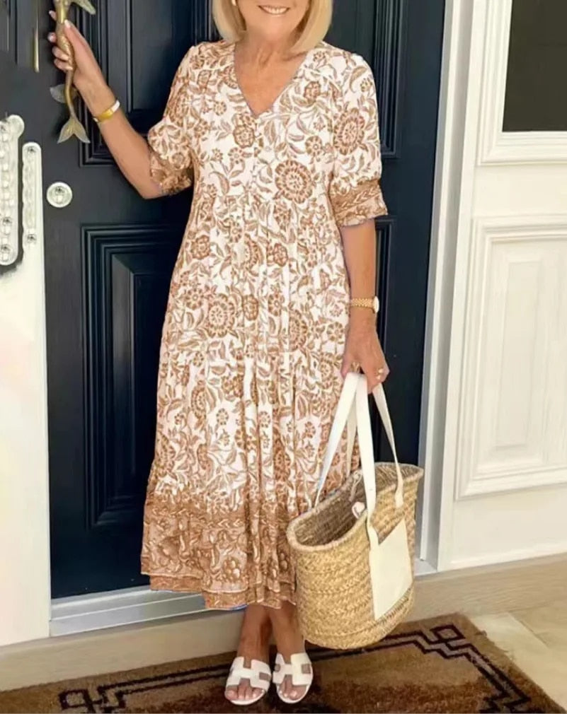 Lunar - Elegant Floral V-Neck Dress