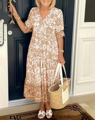 Lunar - Elegant Floral V-Neck Dress