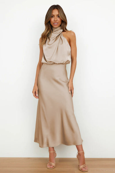 Karlina | Halter Neck Satin Long Dress