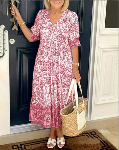 Lunar - Elegant Floral V-Neck Dress