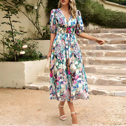 Evelyn - Vintage Glam Lantern Sleeve Midi Dress