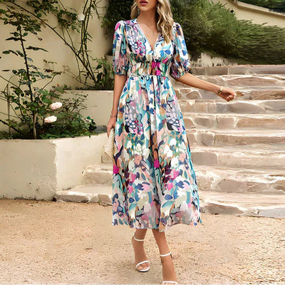 Evelyn - Vintage Glam Lantern Sleeve Midi Dress
