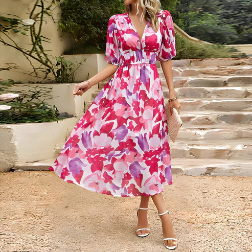 Evelyn - Vintage Glam Lantern Sleeve Midi Dress