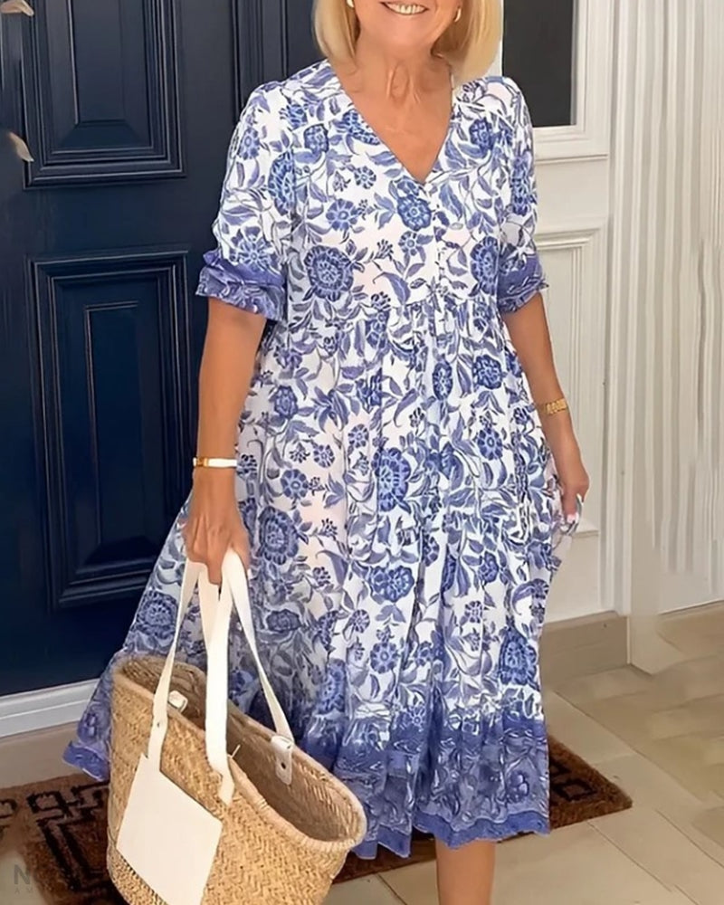 Lunar - Elegant Floral V-Neck Dress