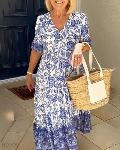 Lunar - Elegant Floral V-Neck Dress