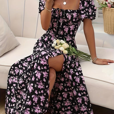 Carly - Artistic Floral Print Puff Sleeve Dress