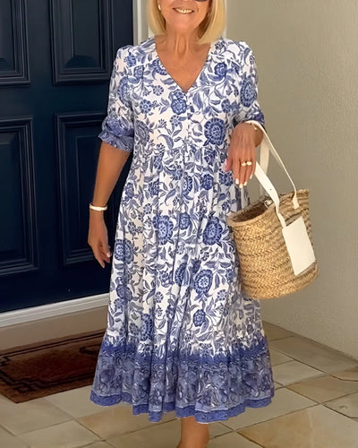 Lunar - Elegant Floral V-Neck Dress