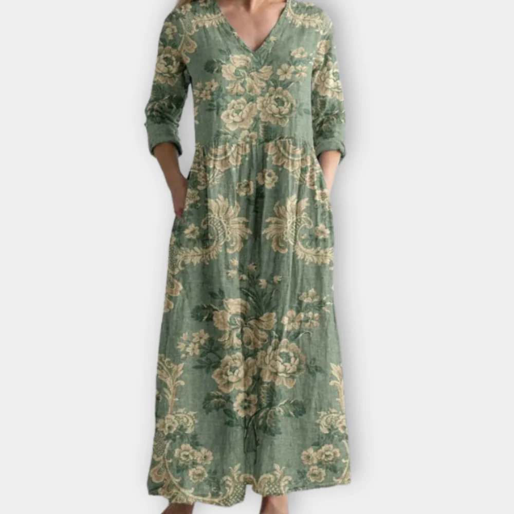 Pearla | Elegant V-Neck Floral Cotton Dress